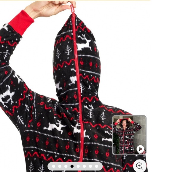 Tipsy Elves | Mens XL | Fair Isle Hooded Onesie Pajamas | Red Black Hooded - Picture 4 of 11